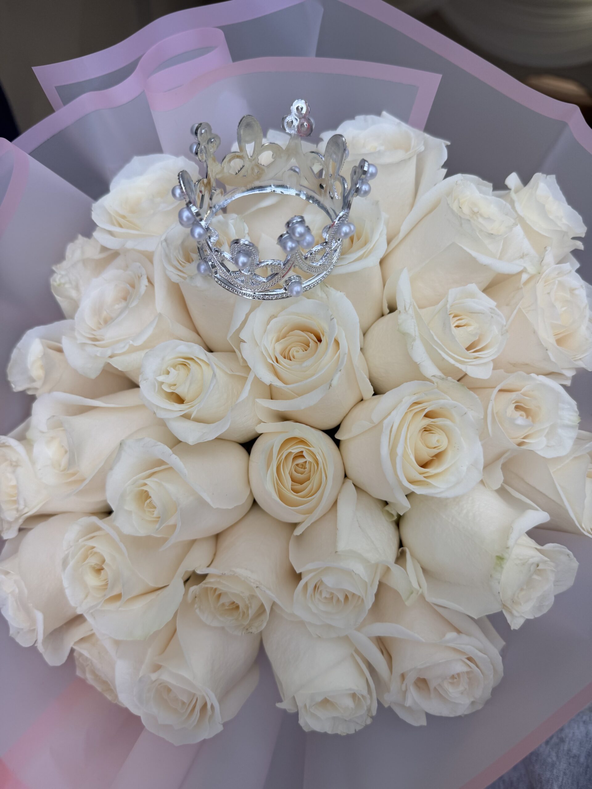 A cream rose bouquet with silver pearl crown — Fleur Sisters studio work
